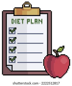 Portapapeles de arte de píxeles con dieta y manzana, icono vectorial del plan de nutrición para juego de 8 bits sobre fondo blanco