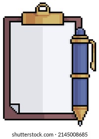 Pixel art clipboard and pen vector icon for 8bit game on white background
