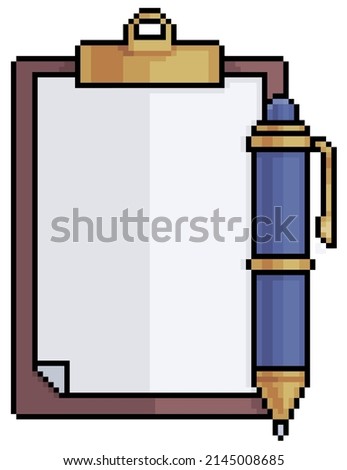 Pixel art clipboard and pen vector icon for 8bit game on white background
