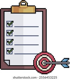 Pixel art clipboard with target and arrow in 8-bit style on white background