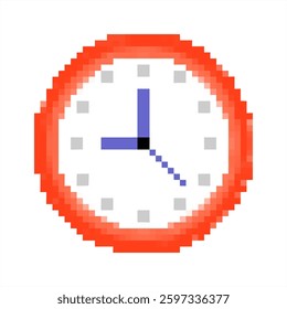 Pixel art of clock. Pixelated red clock, comic and games character.