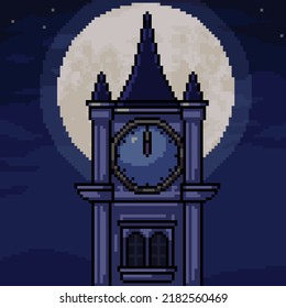 Pixel Art Of Clock Tower Midnight