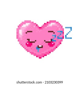 Pixel art closed eye sleep heart emoji. Vintage 8 bit pixel pink emoticon of zzz boredom face smile. Cute anime kawaii vector icon. Valentine Day romantic heart-shaped design.
