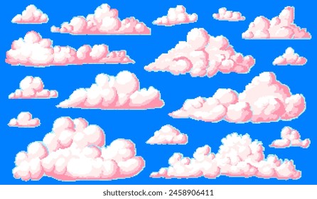 Nube de arte de píxeles. 8 bits. Arte, iconos digitales. Activos retroactivos. Estilo de juego de Antiguas. Conjunto de caracteres. Ilustración vectorial.