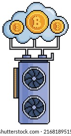 Pixel art cloud cryptocurrency mining. Mining with video card vector icon for 8bit game on white background


