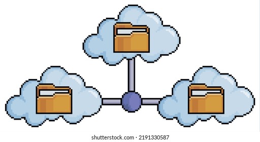 Pixel art cloud network, cloud files vector icon for 8bit game on white background
