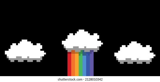 Pixel art cloud with cloud with rainbow falling out of it on black background