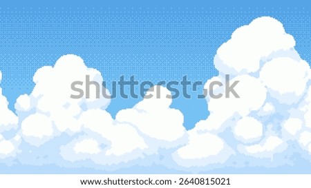 Pixel art cloud and sky background with blue color for game level. Game environment element in old retro style. Vector graphics.