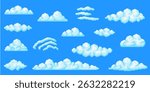 Pixel art clouds. 8 bit white cloud or smoke in blue sky. Retro 80s game landscape and weather pixelated elements. 16-bit cloudy retro scene. Vector isolated set.