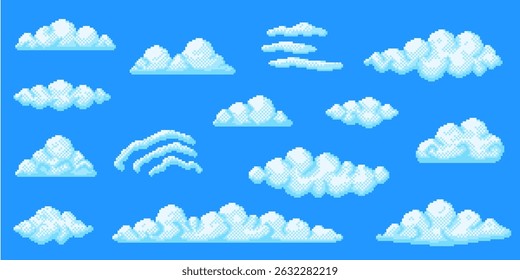 Nuvens Pixel Art. Nuvem branca de 8 bits ou fumaça no céu azul. Retro 80s paisagem do jogo e tempo pixelated elementos. Cena retrô nublada de 16 bits. Conjunto isolado do vetor.
