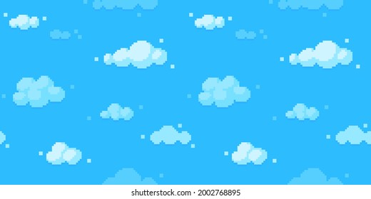 Pixel art clouds background. Seamless sky texture backdrop. Vector illustration.