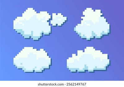 Pixel art of clouds. Retro 8bit blue sky aerial cloud pixel art. Digital clouds pixel art icon set. Flying white computer clouds on blue sky.