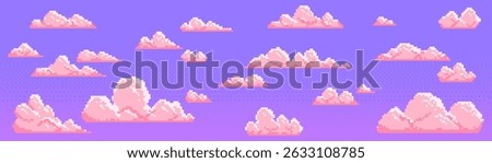 Pixel art clouds set for retro 8 bit video game design - cute pink fluffy sky elements collection on purple bg. Cartoon bubbly pixelated heavenly environment assets. Old school arcade level landscape.