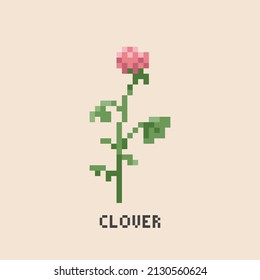 Pixel art clover flower. Vintage 90s gaming 8 bit icon of pink clover bush. Vector pixel clover game pattern.	