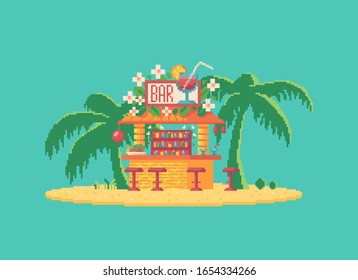 Pixel art cocktail bar. Cute Hawaii restaurant on the beach.Vector illustration.