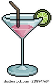 Pixel art cocktail drink in glass with straw and lemon vector icon for 8bit game on white background