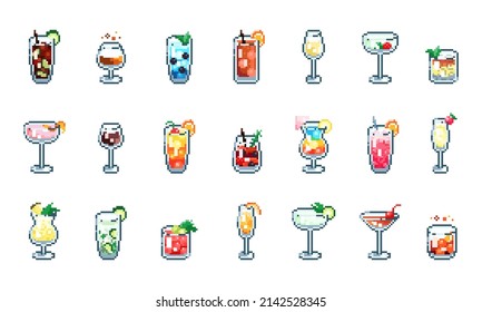 Pixel art cocktails collection - vodka, whisky, martini, mojito, Pina Colada, Margarita, wine, manhattan, Cuba Libre, Bloody Mary, Singapore Sling, Tequilla Sunrise. 8 bit vector icons set for games.