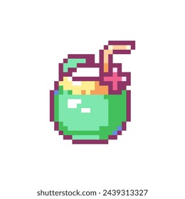Pixel Art Coconut Drink Icon. Vector Y2K 8Bit Sticker of Tropical Beverage. Cute Beach Vacation Cocktail Video Game Element for Summer Fun.