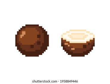 Pixel art coconut icon set. Pixel retro game coconut and half coconut icons. 8 bit or 16 bit style coconut icon for game or web design. Flat cute pixel tropical vector symbol.