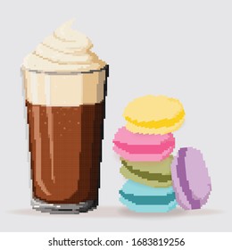 Pixel art coffee and cookies, macaroons. Retro 8bit game. Vector illustration. 