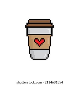 Pixel art coffee icon. Cup of coffee or tea