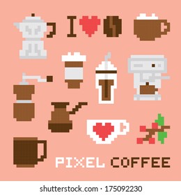 Pixel Art Coffee Isolated Vector Set