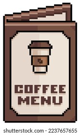 Pixel art coffee menu, paper menu vector icon for 8bit game on white background
