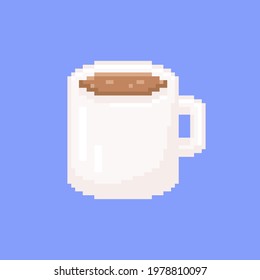 Pixel art coffee mug illustration. Vintage classic white coffee mug or cup in retro 8 bit gaming style. Pixel isolated hot coffee mug icon. Vector.