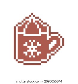 Pixel art coffee with whipped cream. Mug cake symbol. Gingerbread cookie decorated with white sugar icing. Hot chocolate cup. Christmas dessert. Winter holiday pastry. 8 bit cappuccino with foam icon.