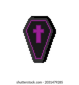 pixel art coffin. Halloween cute vector decorative coffin in pixel art gamer style. 8 bit retro pixel illustration of black coffin with purple cross.