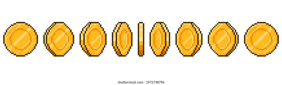 Pixel art coin animation. Game ui golden coins rotation stages, pixel game money animated frames vector illustration. Gold 8 bit coins animation. Coin cash, 8-bit gaming videogame, bonus for game