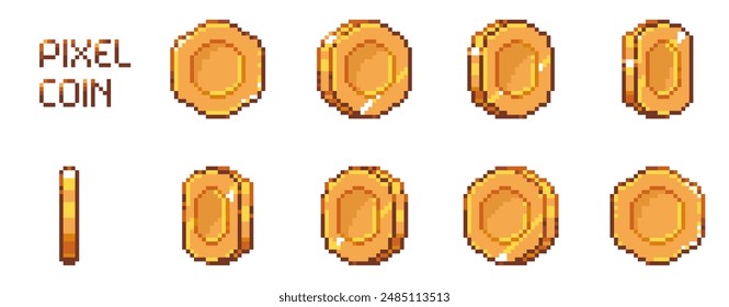 Pixel art coin animation. Retro 8 bit golden coins sprite asset, vintage pixel art coin arcade gaming money bonus and reward, cartoon 2D asset. Vector isolated set pixel art gold coin