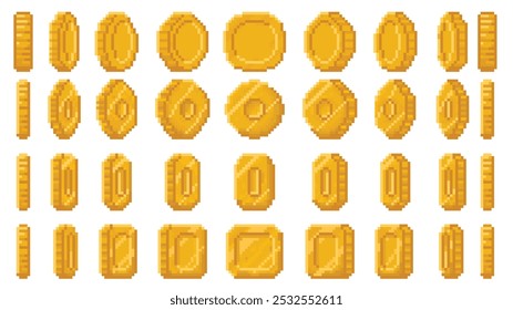 Animación de monedas de arte de píxeles. Dinero giratorio, círculo de olor dorado, monedas cuadradas ovaladas y redondeadas bucle Video animado de 360 ángulos para juegos de arcade retro de 8 bits pixelados juego de Vectores.