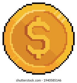 Pixel art coin money dolar icon for 8bit game on white background

