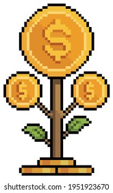 Pixel Art Coin Plant, Investment And Finance 8bit Game Icon On White Background
