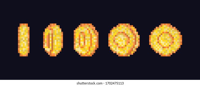 Pixel art coin step by step flipping animation. Pixel game coins animation. Golden pixelated coin animated frames