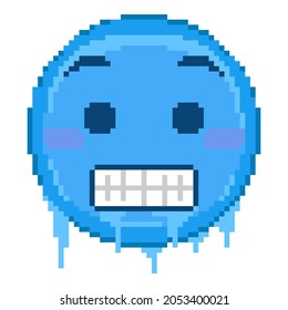 Pixel art cold Emoji face icon. Vector cute pixel chill blue  emoticon. Cute frozen Emoji in retro pixel 8 bit style. Freezing emoji yellow smile face isolated icon.