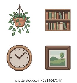 A pixel art collage featuring four distinct home decor elements - a lush hanging plant, a wooden bookshelf filled with books, a classic analog clock, and a framed landscape painting.