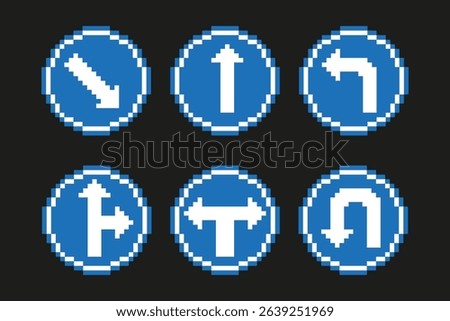 Pixel art collection of arrow traffic sign road, vector illustration on isolated background.