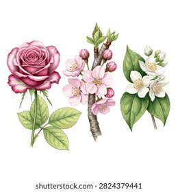 Pixel art collection of blooming rose cherry blossom and jasmine flowers for textile pattern
