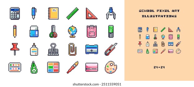 Pixel Art Coleção de sala de aula e material de escritório ícones - calculadora, caneta, notebook, réguas, bússola geométrica, lápis, afiador, borracha, tesoura, cola, clipe de papel, mochila, etc.