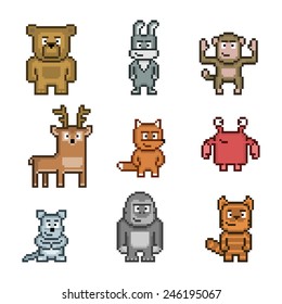 Pixel art collection of cute 8 bit animals.