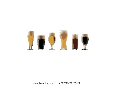 Pixel colección de arte de diferentes estilos de cerveza. 8 bits. Desarrollo de juegos, App móvil. Ilustración vectorial aislada.	