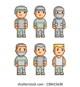Pixel art collection of different characters soldiers