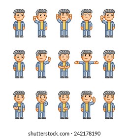 Pixel art collection of different emotions and actions