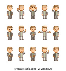 Pixel art collection of different emotions and actions