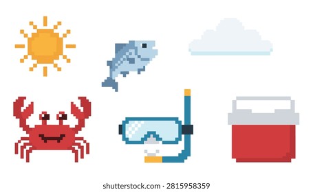 Pixel art collection of summer beach items including sun, fish, crab, snorkel goggles, cloud, and cooler.