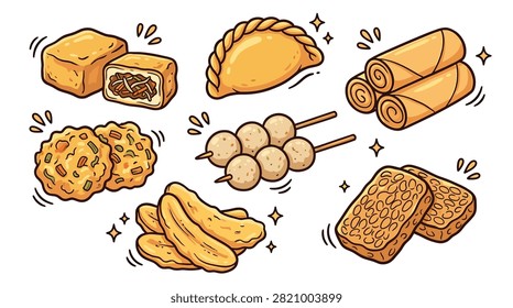 Pixel art collection of traditional fried asian snacks and dumplings for menu branding