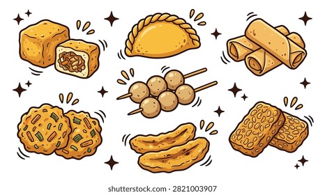 Pixel art collection of traditional fried asian street snacks and appetizers
