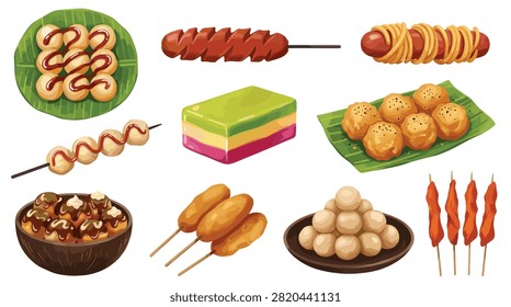 Pixel art collection of traditional southeast asian street food snacks served on banana leaves